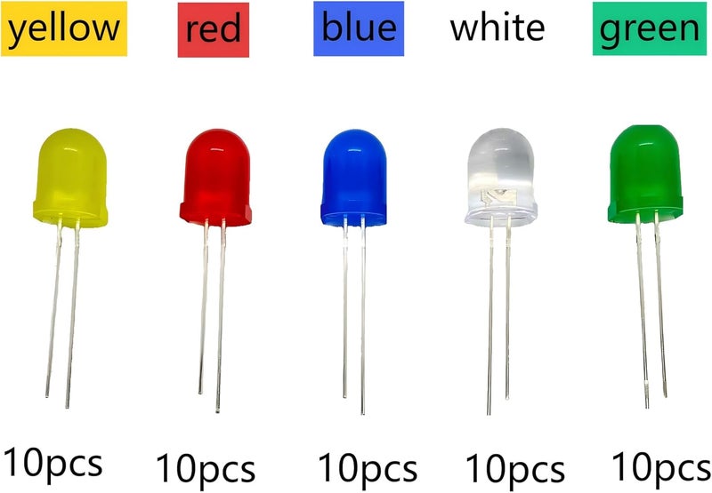 ProCircFix 50-Piece 10mm LED Diode Kit (10 Pieces for Each of 5 Colors) - Compatible with Arduino/Low-Voltage Circuits, high-Brightness F10 diffused Light-Emitting diode Combination - Image 2